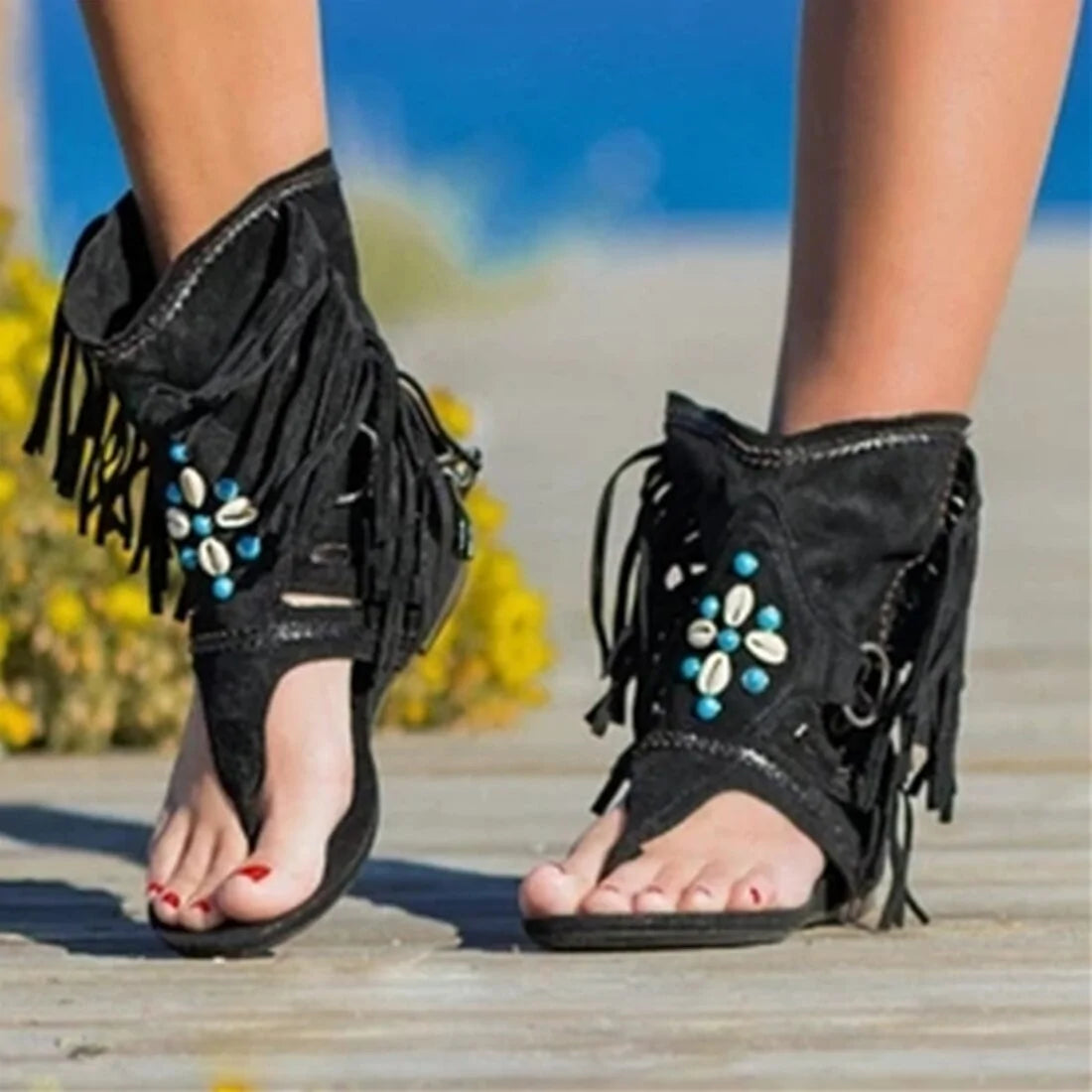 Women's Bohemian Fringed Toe Flat Sandals