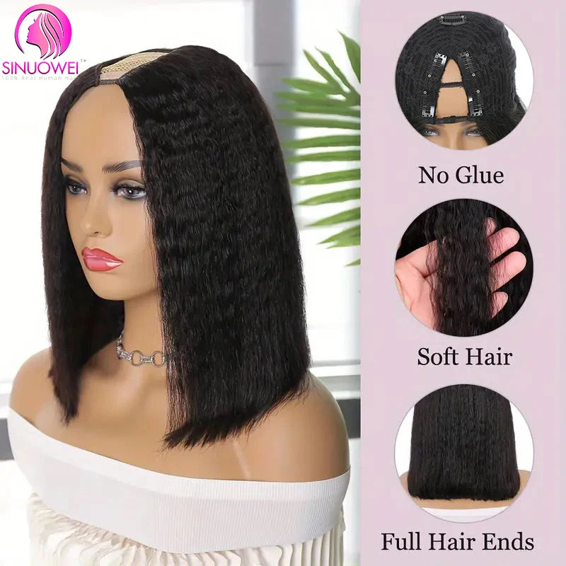 pelucas girl Short Bob Wig Yaki Straight V Part Wig 100% Human Hair No Glue Brazilian Human Hair Kinky Straight U Part Wigs For Woman