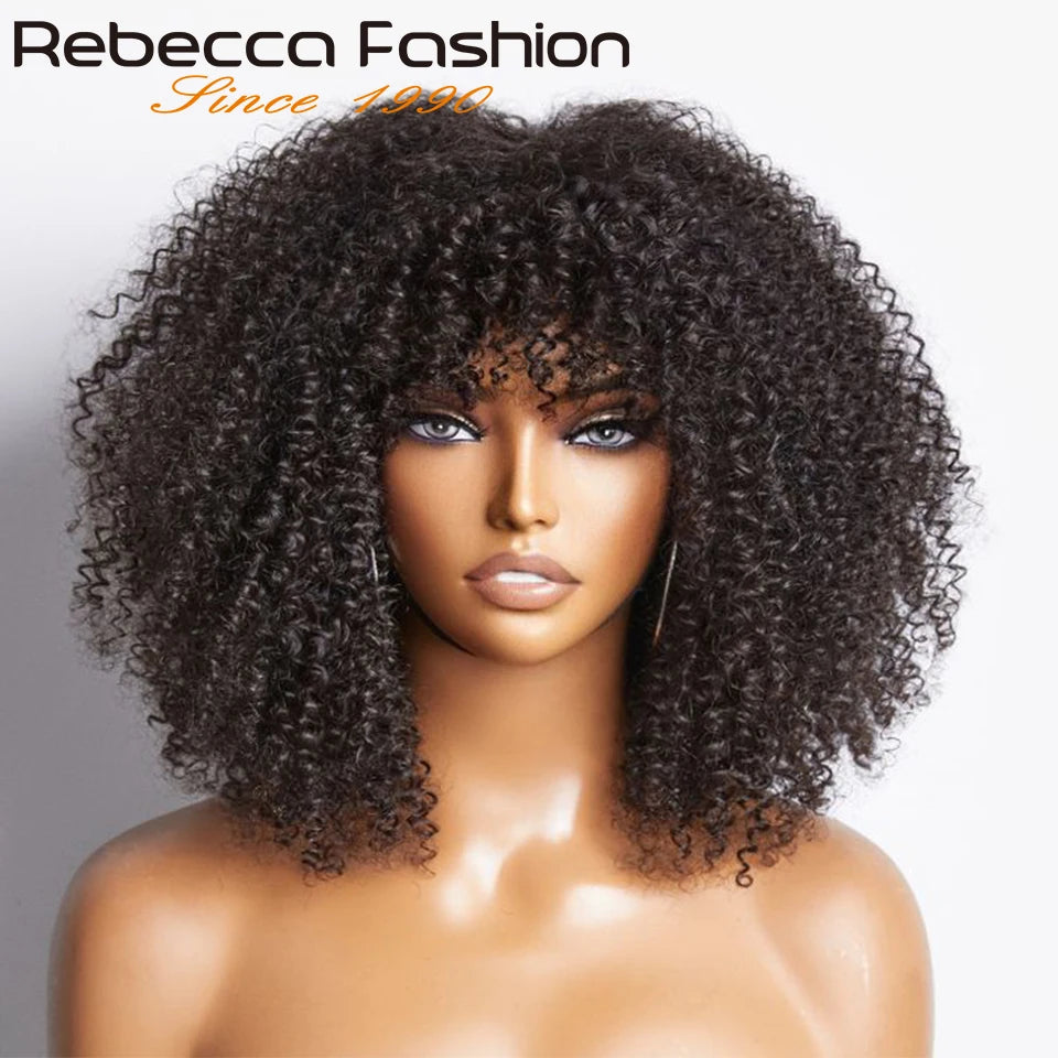 Rebecca 250% Density Short Afro Kinky Curly Human Hair Wigs With Bangs Sassy Fluffy Growth Natural Wigs Full Machine Made Wigs