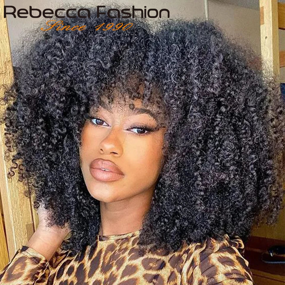 Rebecca 250% Density Short Afro Kinky Curly Human Hair Wigs With Bangs Sassy Fluffy Growth Natural Wigs Full Machine Made Wigs