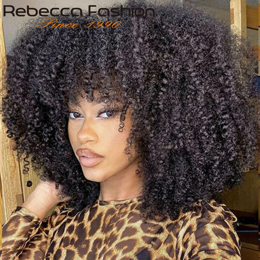 Rebecca 250% Density Short Afro Kinky Curly Human Hair Wigs With Bangs Sassy Fluffy Growth Natural Wigs Full Machine Made Wigs