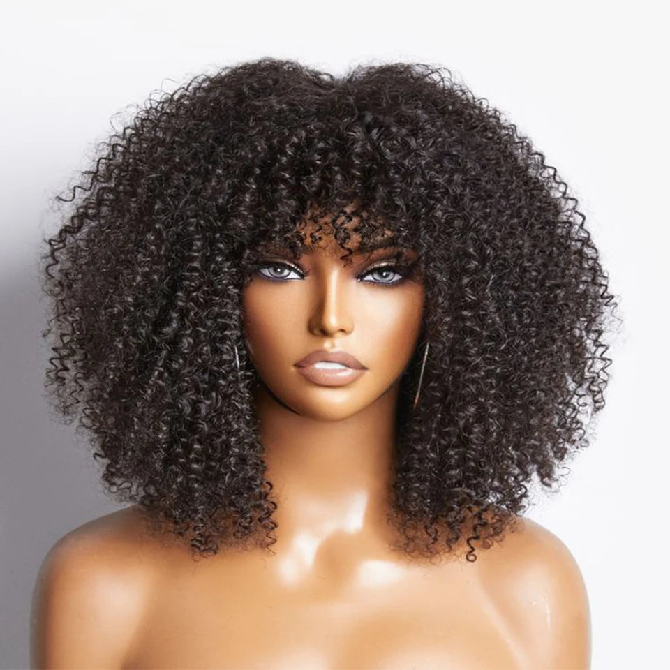 Rebecca 250% Density Short Afro Kinky Curly Human Hair Wigs With Bangs Sassy Fluffy Growth Natural Wigs Full Machine Made Wigs