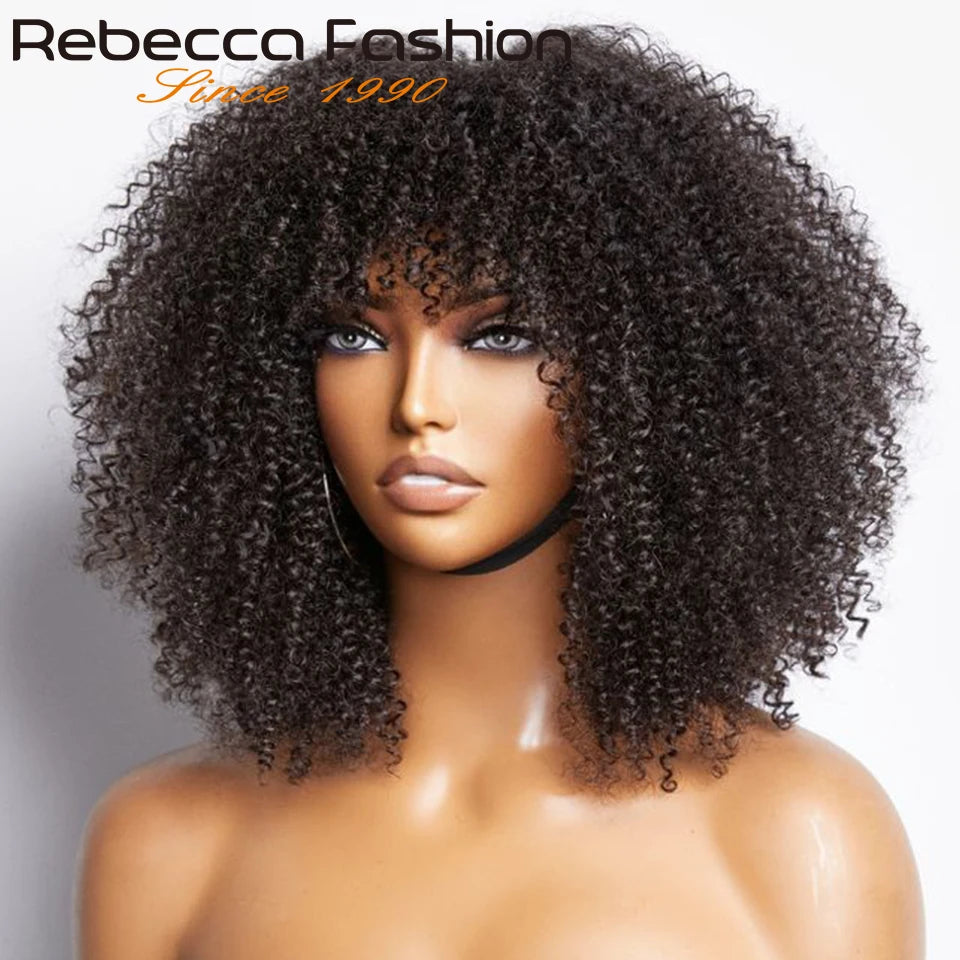 Rebecca 250% Density Short Afro Kinky Curly Human Hair Wigs With Bangs Sassy Fluffy Growth Natural Wigs Full Machine Made Wigs