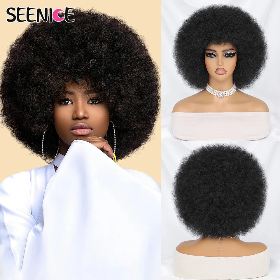 Short Afro Wigs for Black Women Blonde 10" Afro Curly Wig With Bangs 70s Bouncy Natural Synthetic Female Wigs for Party Cosplay