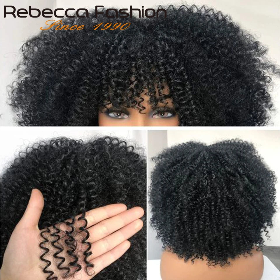 Rebecca 250% Density Short Afro Kinky Curly Human Hair Wigs With Bangs Sassy Fluffy Growth Natural Wigs Full Machine Made Wigs