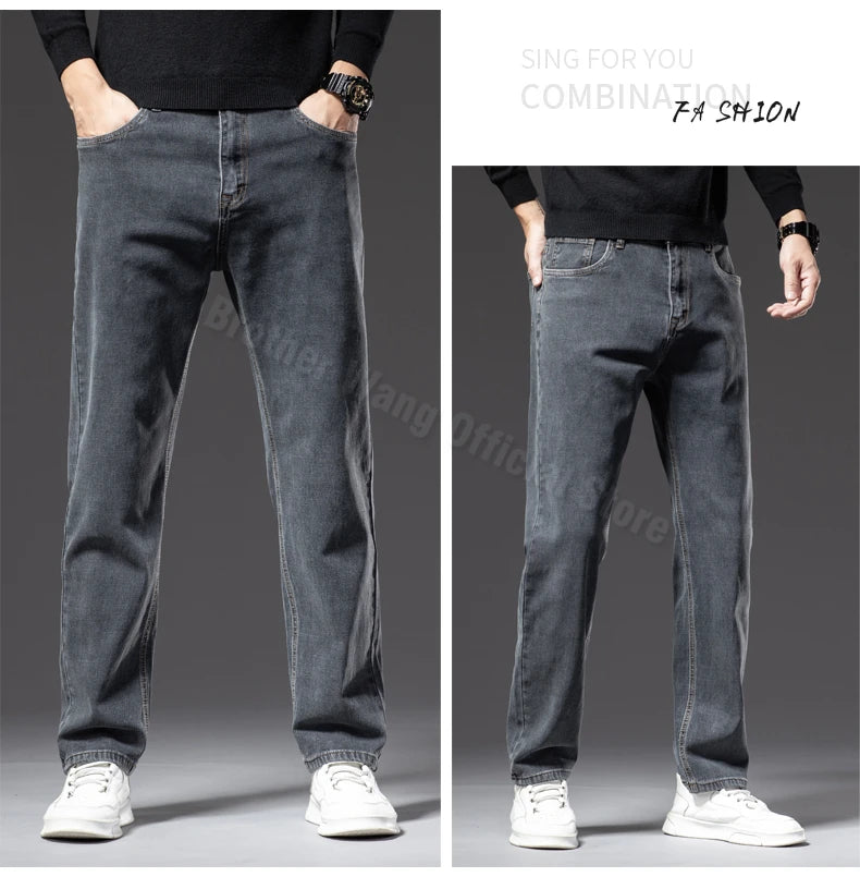 Plus Size 40 42 44 Autumn Men's Blue Straight Loose Jeans Business Casual Cotton Stretch Denim Pants Male Brand