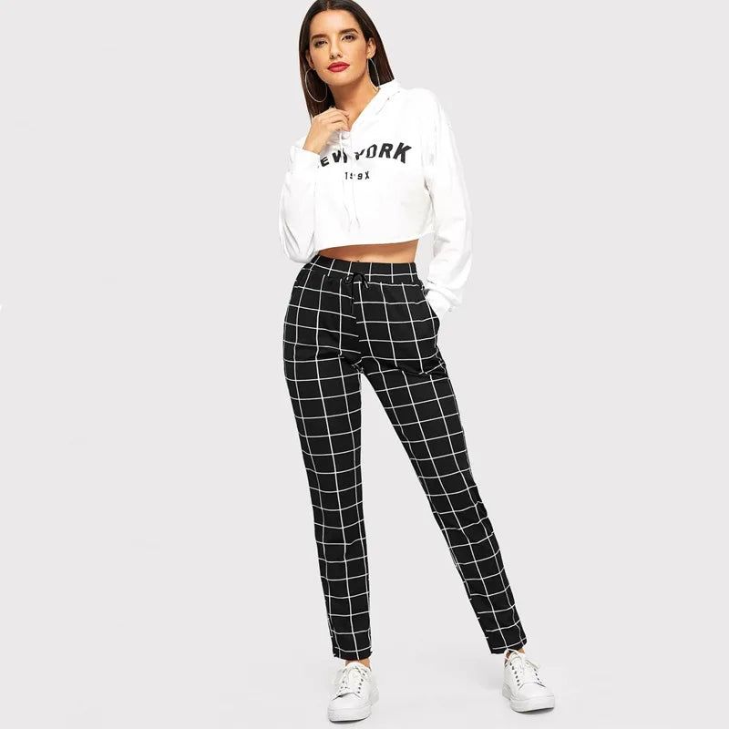 Fall Winter Plaid Black Pants for Women Fashion Elastic Waist Pockets Printed Loose Casual Pencil Pant Ol Ladies Trousers XXL