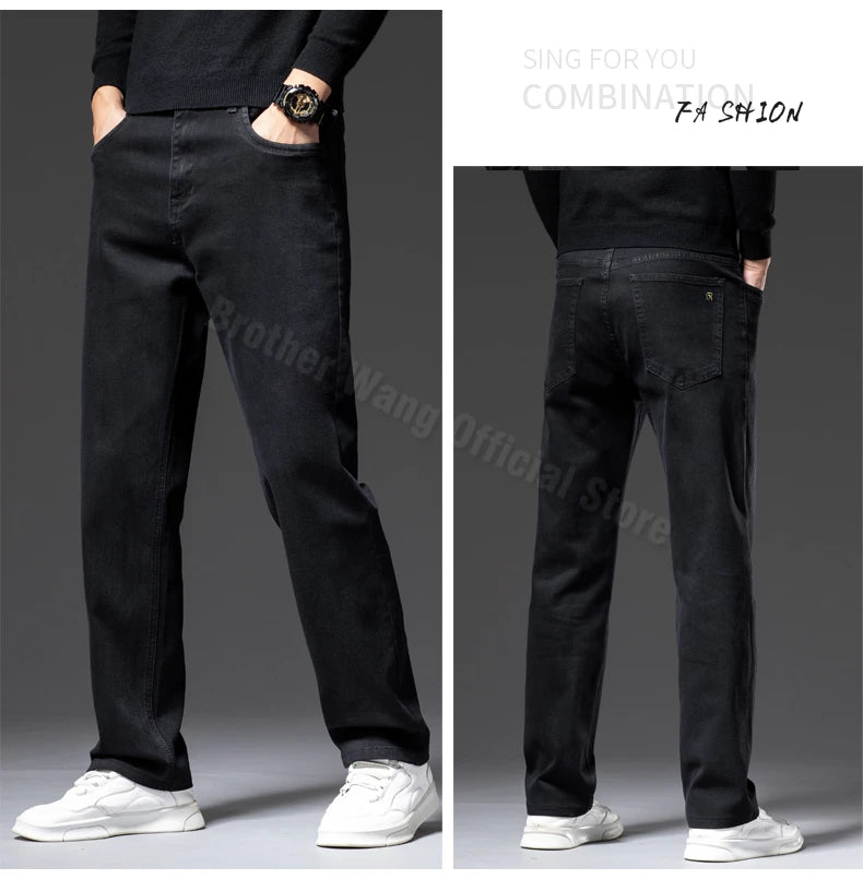 Plus Size 40 42 44 Autumn Men's Blue Straight Loose Jeans Business Casual Cotton Stretch Denim Pants Male Brand