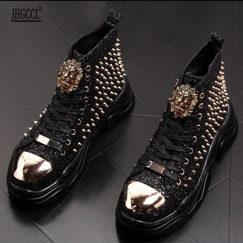 zapatos Luxury rivet Boots Men's shoes designer sneakers men punk high tops gold red light bottom Casual Platform shoe zapatillas hombre