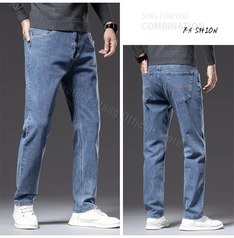 Plus Size 40 42 44 Autumn Men's Blue Straight Loose Jeans Business Casual Cotton Stretch Denim Pants Male Brand