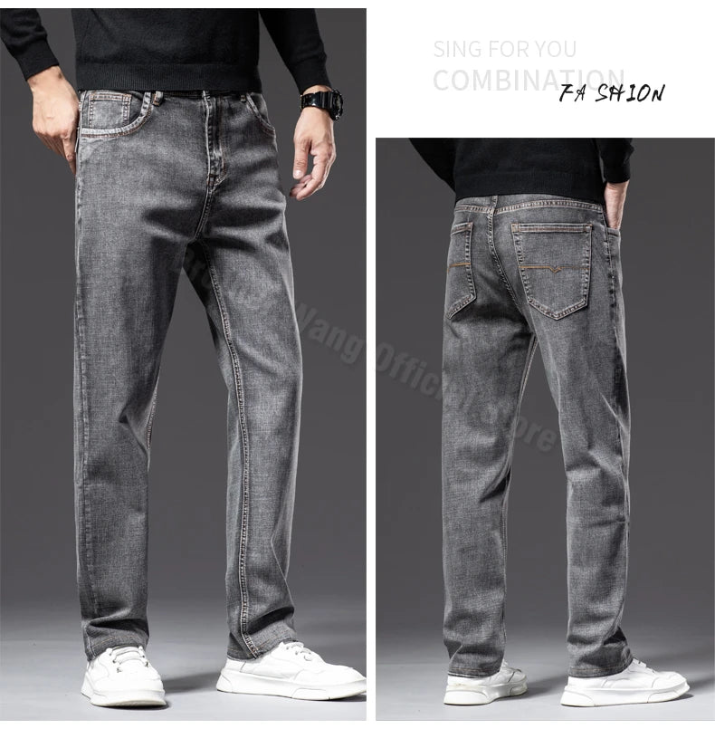 Plus Size 40 42 44 Autumn Men's Blue Straight Loose Jeans Business Casual Cotton Stretch Denim Pants Male Brand