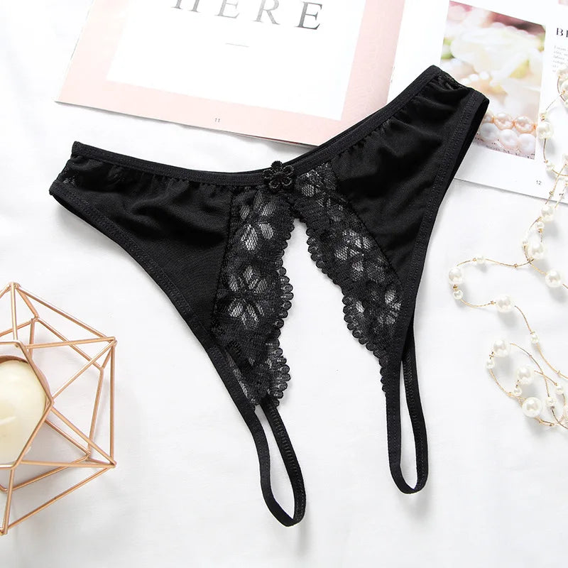 Sexy Porno Crotchless Lingerie Women Thongs G strings Lace Panties Low-rise Open Crotch Briefs for Sex Transparent Underwear