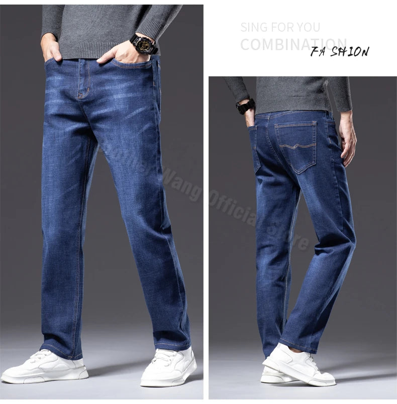 Plus Size 40 42 44 Autumn Men's Blue Straight Loose Jeans Business Casual Cotton Stretch Denim Pants Male Brand