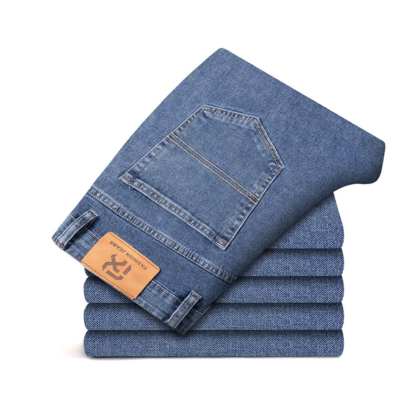 Plus Size 40 42 44 Autumn Men's Blue Straight Loose Jeans Business Casual Cotton Stretch Denim Pants Male Brand