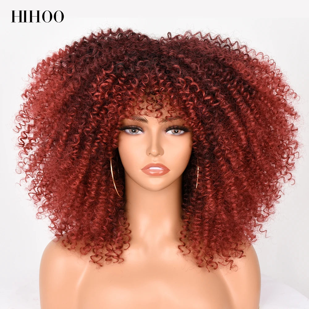 pelucas Short Hair Afro Kinky Curly Wig With Bangs For Black Women Cosplay Lolita Synthetic Natural Brown Mixed Blonde Wigs