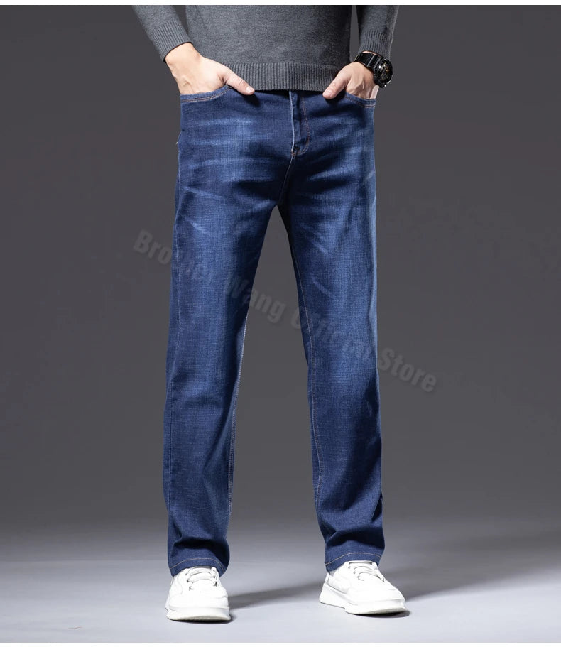 Plus Size 40 42 44 Autumn Men's Blue Straight Loose Jeans Business Casual Cotton Stretch Denim Pants Male Brand