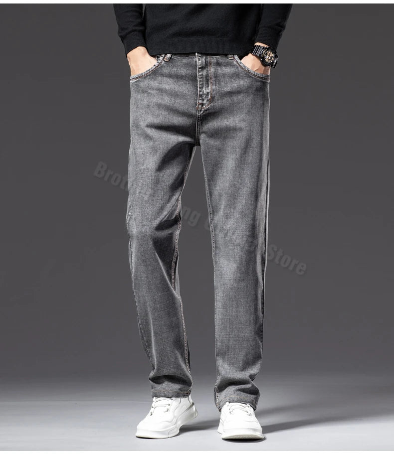 Plus Size 40 42 44 Autumn Men's Blue Straight Loose Jeans Business Casual Cotton Stretch Denim Pants Male Brand