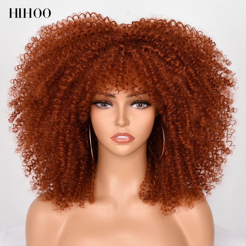 pelucas Short Hair Afro Kinky Curly Wig With Bangs For Black Women Cosplay Lolita Synthetic Natural Brown Mixed Blonde Wigs