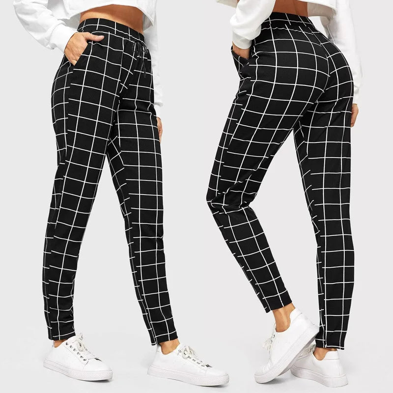 Fall Winter Plaid Black Pants for Women Fashion Elastic Waist Pockets Printed Loose Casual Pencil Pant Ol Ladies Trousers XXL