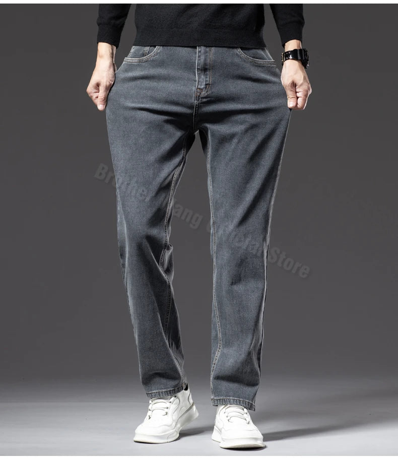 Plus Size 40 42 44 Autumn Men's Blue Straight Loose Jeans Business Casual Cotton Stretch Denim Pants Male Brand