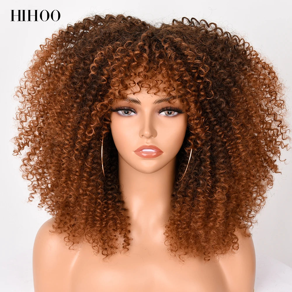 pelucas Short Hair Afro Kinky Curly Wig With Bangs For Black Women Cosplay Lolita Synthetic Natural Brown Mixed Blonde Wigs