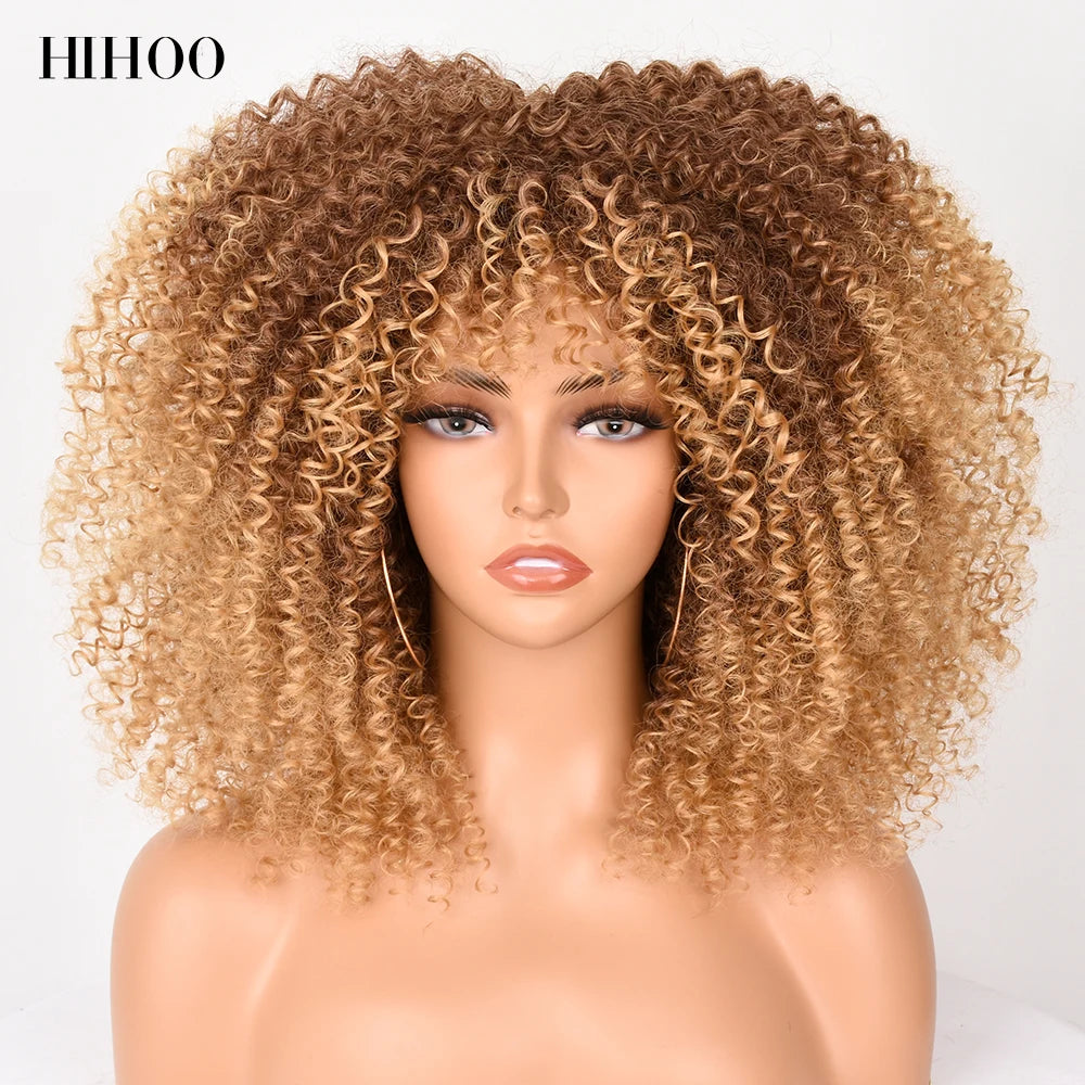 pelucas Short Hair Afro Kinky Curly Wig With Bangs For Black Women Cosplay Lolita Synthetic Natural Brown Mixed Blonde Wigs