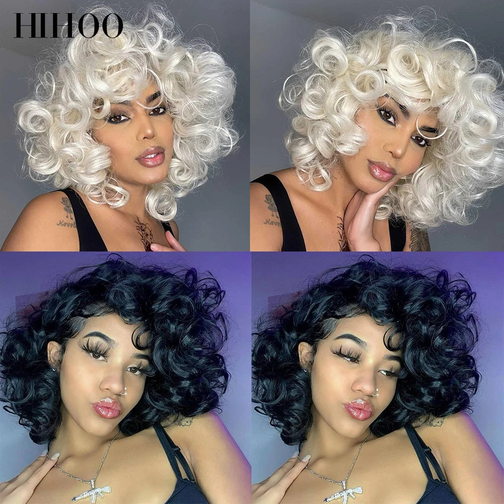 Short Afro Curly Wig With Bangs For Black Women Synthetic Fluffy Mixed Brown Blonde Wig Natural High Temperat Red