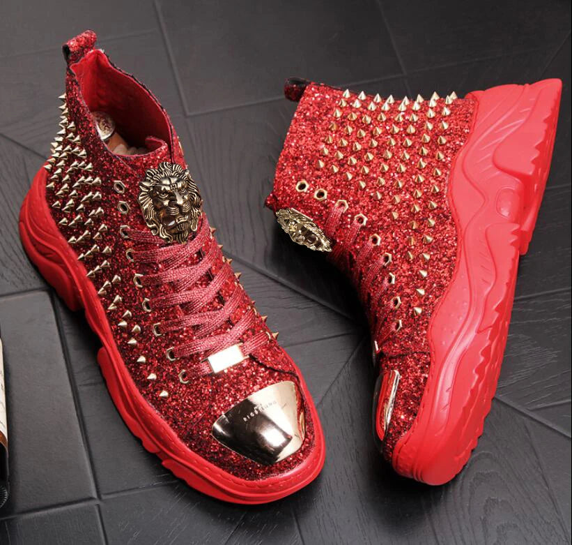 zapatos Luxury rivet Boots Men's shoes designer sneakers men punk high tops gold red light bottom Casual Platform shoe zapatillas hombre