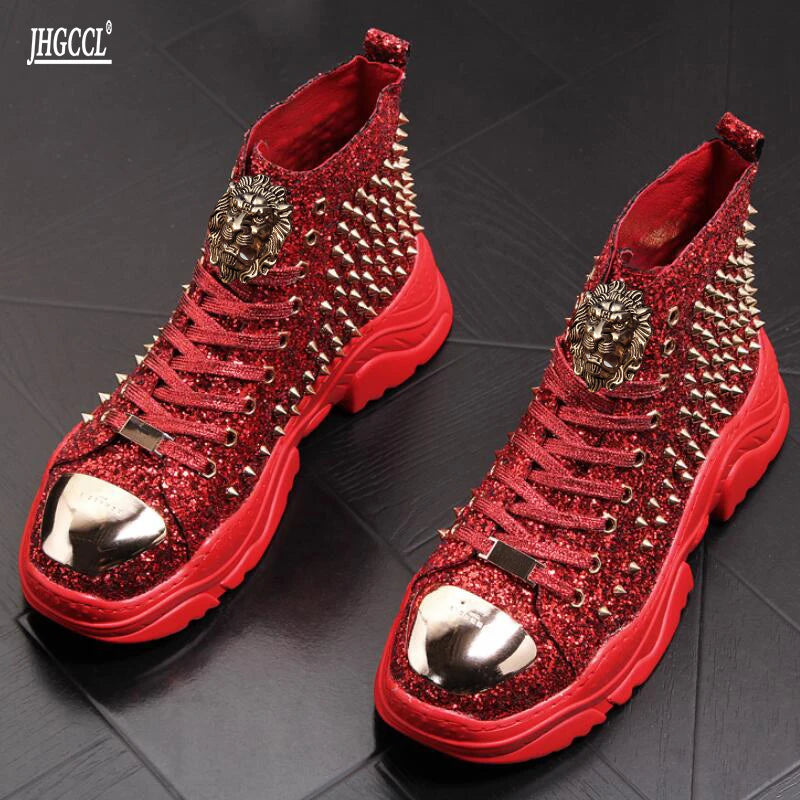 zapatos Luxury rivet Boots Men's shoes designer sneakers men punk high tops gold red light bottom Casual Platform shoe zapatillas hombre