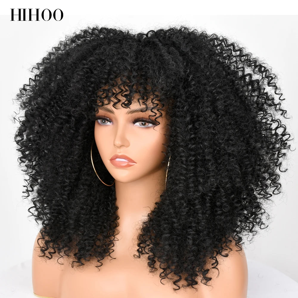 pelucas Short Hair Afro Kinky Curly Wig With Bangs For Black Women Cosplay Lolita Synthetic Natural Brown Mixed Blonde Wigs