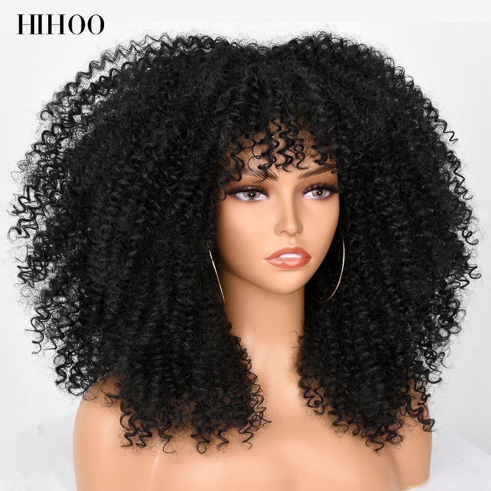 pelucas Short Hair Afro Kinky Curly Wig With Bangs For Black Women Cosplay Lolita Synthetic Natural Brown Mixed Blonde Wigs