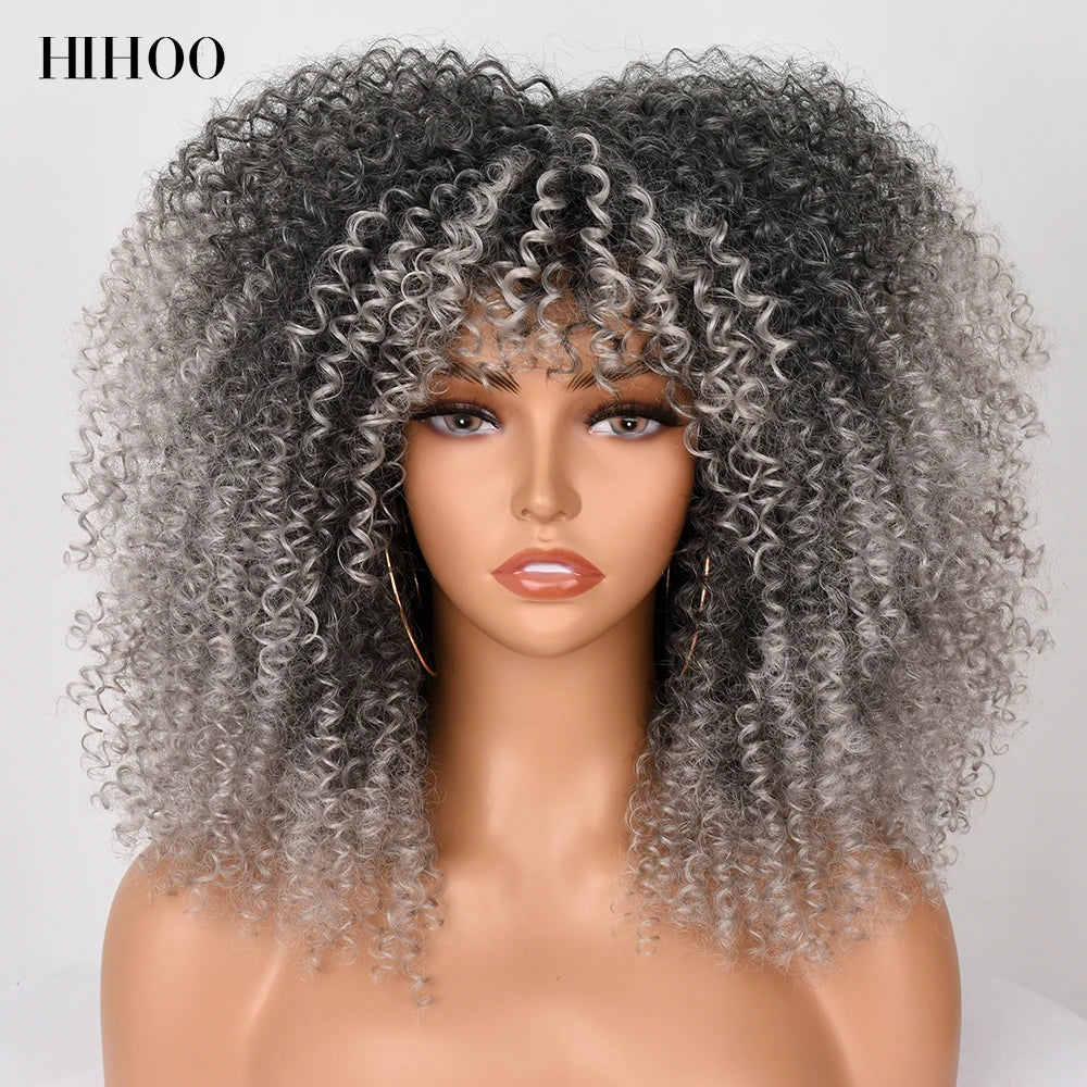 pelucas Short Hair Afro Kinky Curly Wig With Bangs For Black Women Cosplay Lolita Synthetic Natural Brown Mixed Blonde Wigs