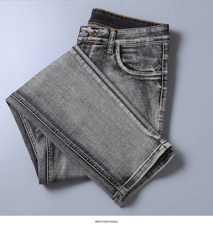 2022 New Men's Stretch Regular Fit Jeans Business Casual Classic Style Fashion Denim Trousers Male Black Blue Gray Pants