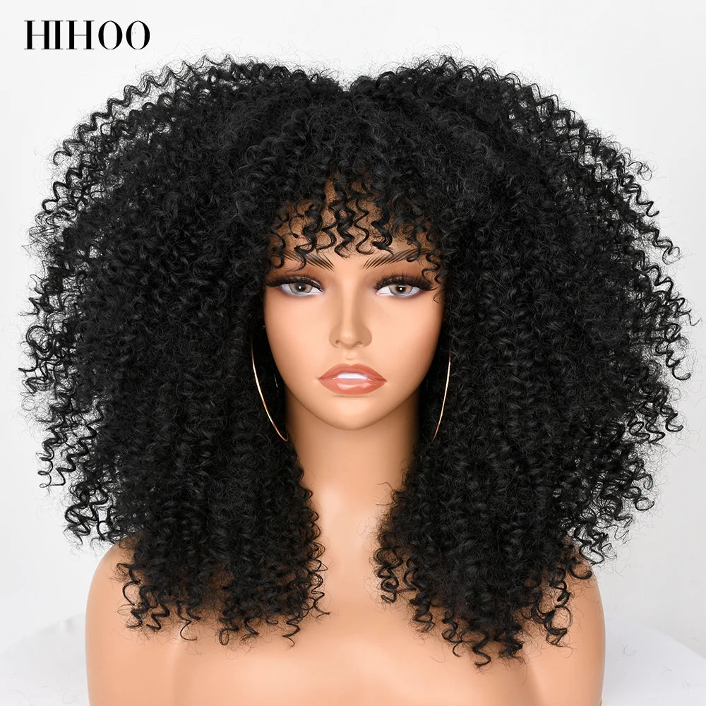 pelucas Short Hair Afro Kinky Curly Wig With Bangs For Black Women Cosplay Lolita Synthetic Natural Brown Mixed Blonde Wigs