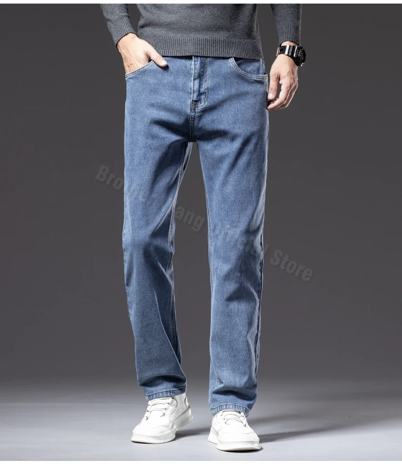 Plus Size 40 42 44 Autumn Men's Blue Straight Loose Jeans Business Casual Cotton Stretch Denim Pants Male Brand