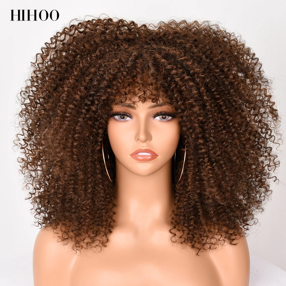 pelucas Short Hair Afro Kinky Curly Wig With Bangs For Black Women Cosplay Lolita Synthetic Natural Brown Mixed Blonde Wigs