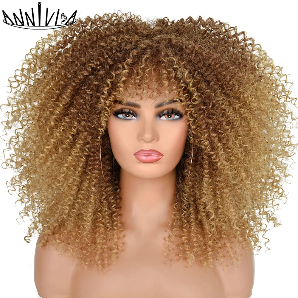 Curly Wigs With Bangs Afro Curly Wigs for Black Women Large Bouncy and Soft Natural Synthetic Wigs for Daily Party Cosplay