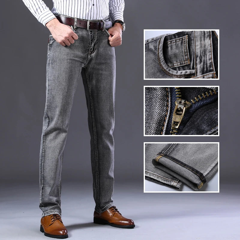 2022 New Men's Stretch Regular Fit Jeans Business Casual Classic Style Fashion Denim Trousers Male Black Blue Gray Pants