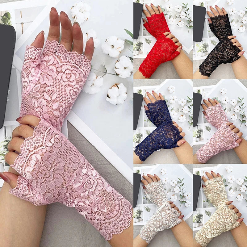 Womens Sexy Lace Gloves Sunscreen Short Gloves Fingerless Lace Driving Cycling Gloves Spring And Summer Mittens Accessories