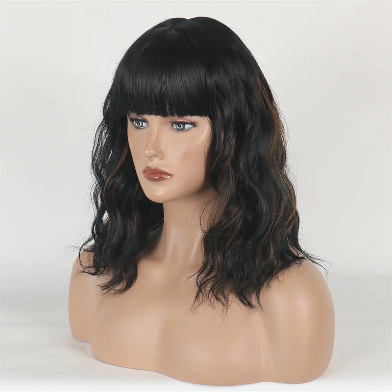 Midum Long Black Mixed Brown Wig Curly Hair Wigs for Black Women Full Bangs  Heat Resistant  Peluca Sythetic  Fiber