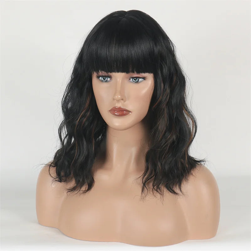 Midum Long Black Mixed Brown Wig Curly Hair Wigs for Black Women Full Bangs  Heat Resistant  Peluca Sythetic  Fiber