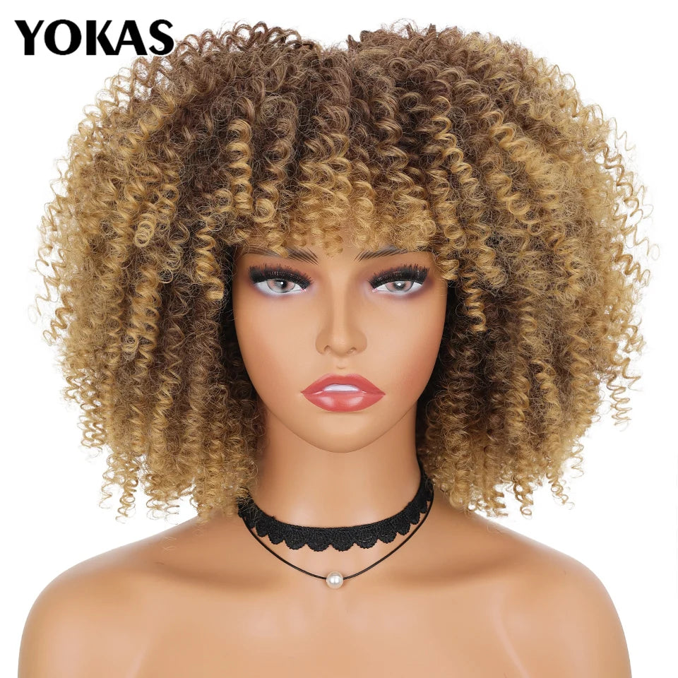 Short Afro Kinky Curly Wig With Bangs Synthetic Hair Female Blonde Pink White Blue Brown Purple Pelucas For Black Women YOKAS