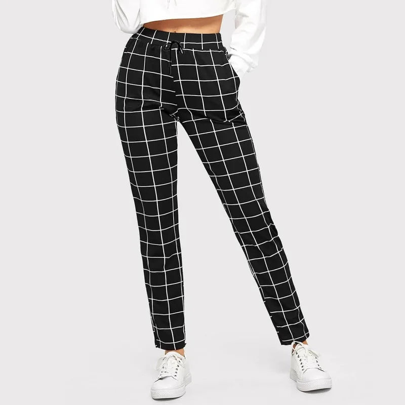 Fall Winter Plaid Black Pants for Women Fashion Elastic Waist Pockets Printed Loose Casual Pencil Pant Ol Ladies Trousers XXL