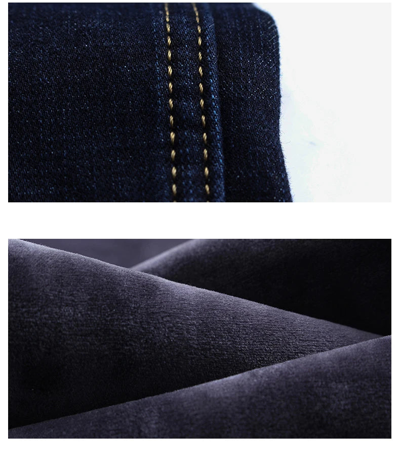 2022 Winter New Men's Fleece Warm Jeans Classic Style Business Casual Thicken Regular Fit Denim Pants Black Blue Brand Trousers