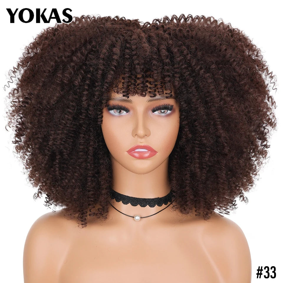 Short Afro Kinky Curly Wig With Bangs Synthetic Hair Female Blonde Pink White Blue Brown Purple Pelucas For Black Women YOKAS