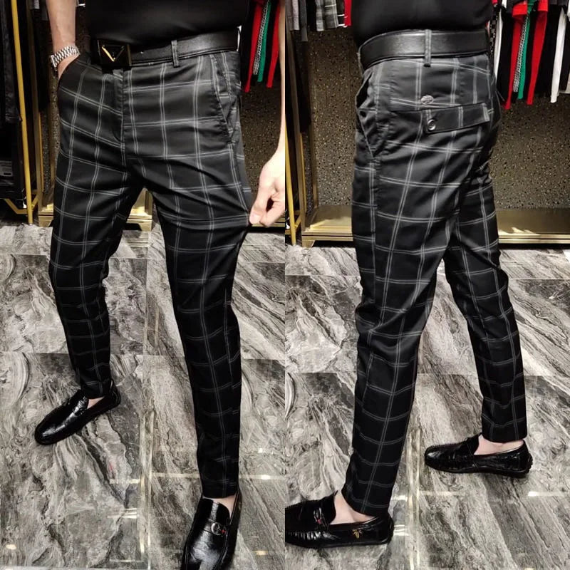 New Male Classic Black Formal Pants Men Striped Plaid Business Casual Fashion Comfortable Office Cotton Slim Suit Trousers 29-38