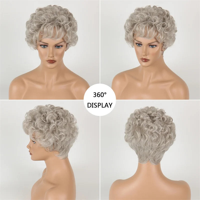 Grey Short  Wigs Curly Hair Wigs for Women Full Bangs  Heat Resistant  Peluca Sythetic  Fiber