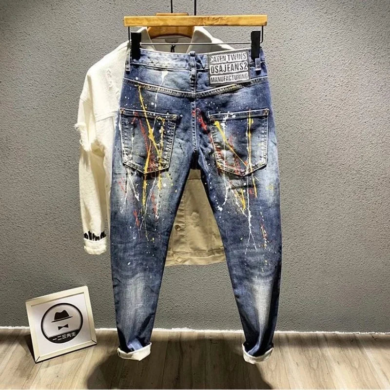 pantalones jeans Trousers Star Man Cowboy Pants Cropped Elastic Men's Jeans Stretch Light Blue with Print Clothes Y2k 2000s Spring Autumn Washed