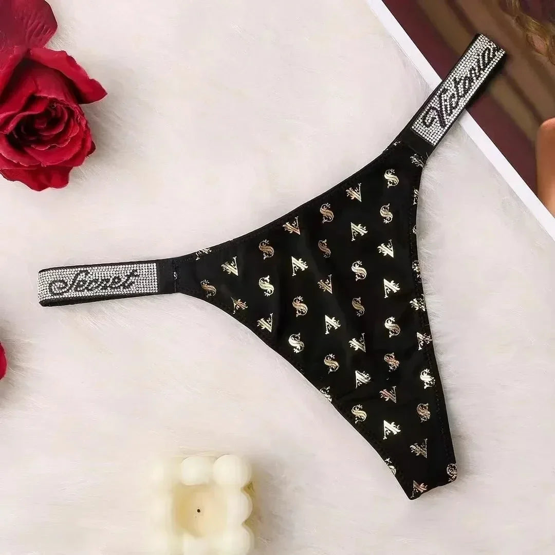 2024 New Fitness T Back Letter Glitter Bling Belt G-String Rhinestone High-end Women's Panties Thong Стринги Женские