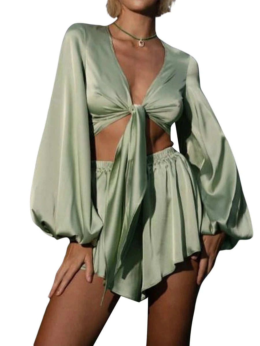 Women s Two Piece Outfits Low Cut Tie Front Pajamas Set Summer Long Sleeve Shorts Loungewear Set